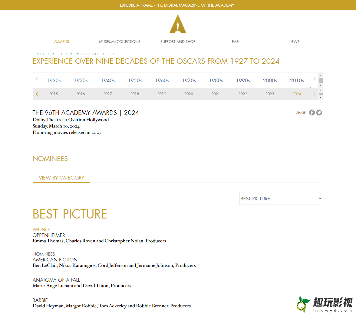 《奥本海默》横扫第96届奥斯卡 拿下最佳影片等奖项